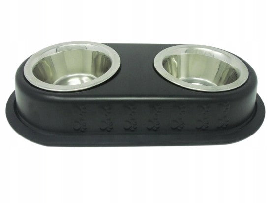Miska metalowa podwójna dla psa na czarnej, wytłaczanej podstawce 2x16,5cm
